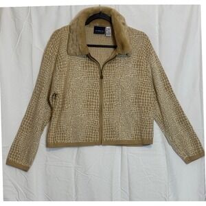Liz Claiborne Liz Sport Women's Cardigan Sweater Animal Print Fur Collar Size L